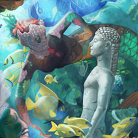 Mermaid in coral reef with statue