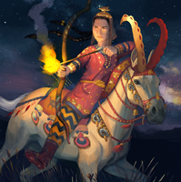 Girl on a horse shooting a fire arrow