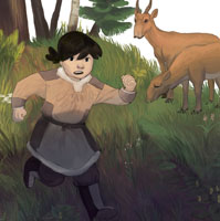 Boy running by Saiga antelope